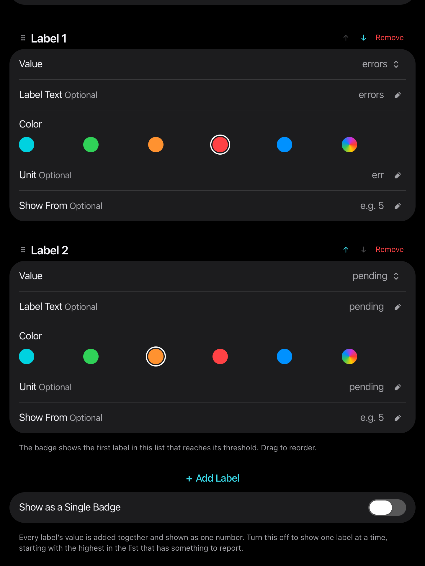 Two labels, each with Value, Label Text, Color, Unit and Show From